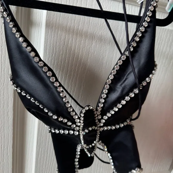 AREA Black Top with Rhinestone Details brand new never worn no tags - Picture 3 of 5